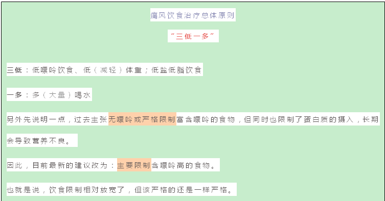 文本框: 痛风饮食治疗总体原则
“三低一多”
三低：低嘌呤饮食、低（减轻）体重；低盐低脂饮食
一多：多（大量）喝水
另外先说明一点，过去主张无嘌呤或严格限制富含嘌呤的食物，但同时也限制了蛋白质的摄入，长期会导致营养不良。
因此，目前最新的建议改为：主要限制含嘌呤高的食物。
也就是说，饮食限制相对放宽了，但该严格的还是一样严格。
